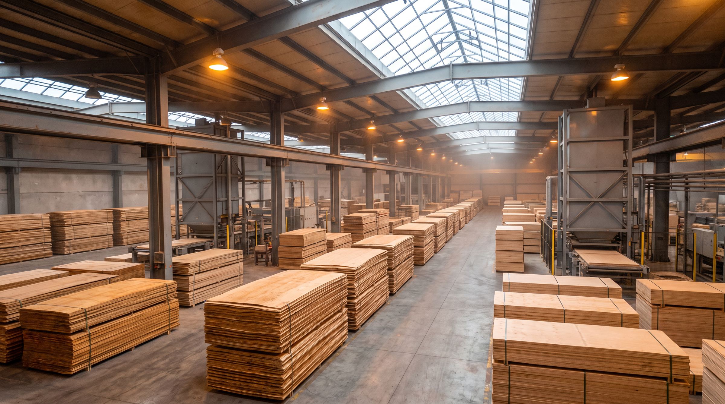 The Lennor factory floor — orderly rows of stacked veneer and finished boards receding into warm light