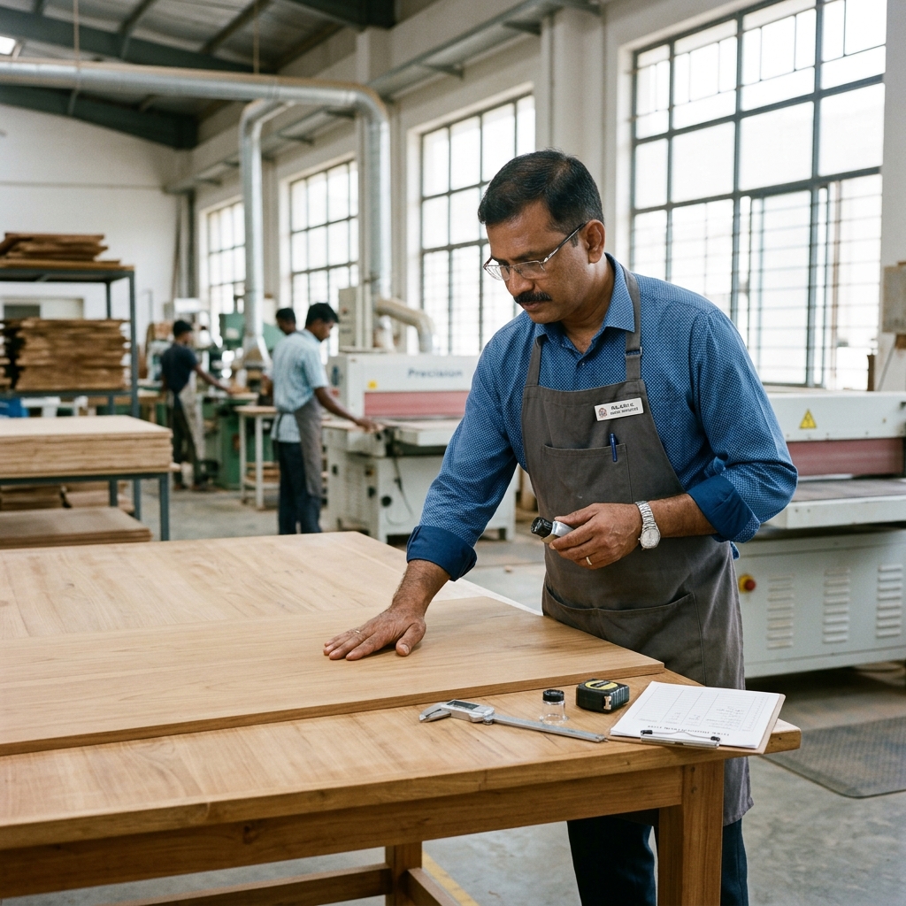 Professional wood inspector examining high-grade teak veneer panel in clean modern factory workshop