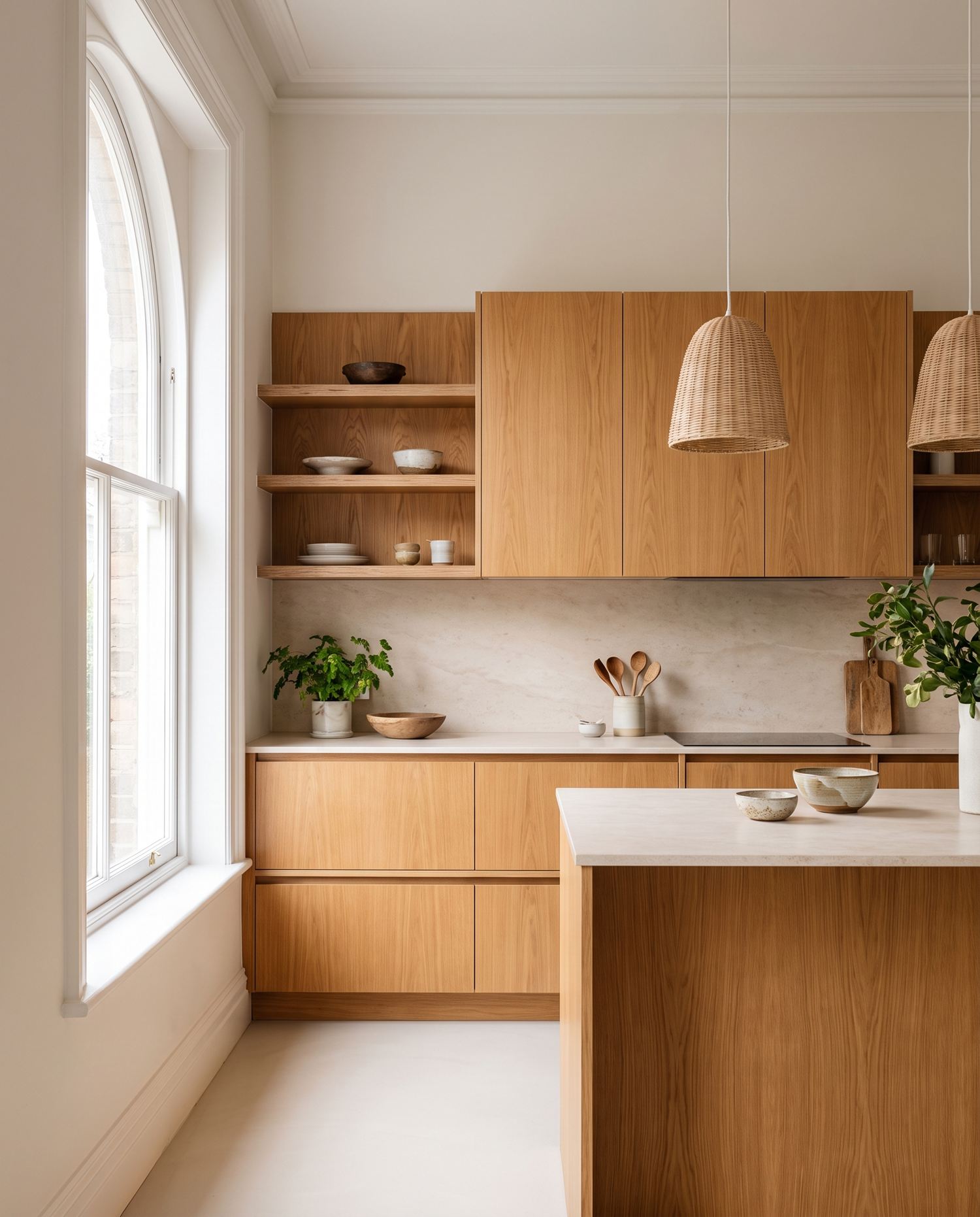 Modern kitchen with warm oak plywood cabinetry, open shelving and wicker pendant lights