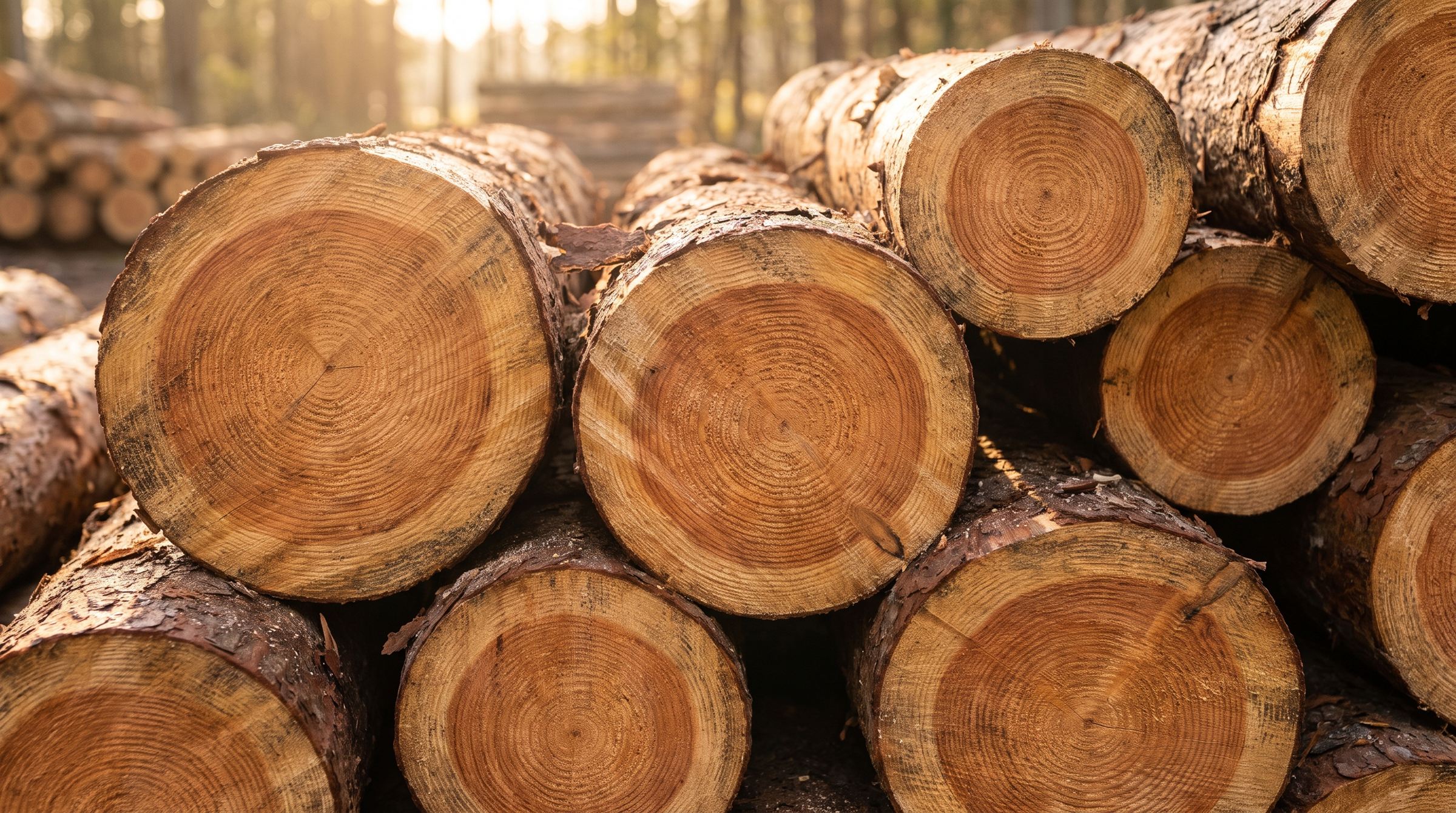 Close-up of stacked timber logs showing growth rings in warm light