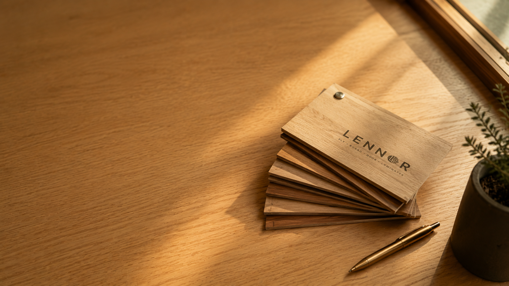 Lennor Ply branded sample deck on warm wooden desk